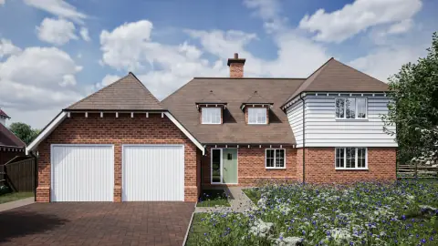 Render of a detached brick house with a double garage.