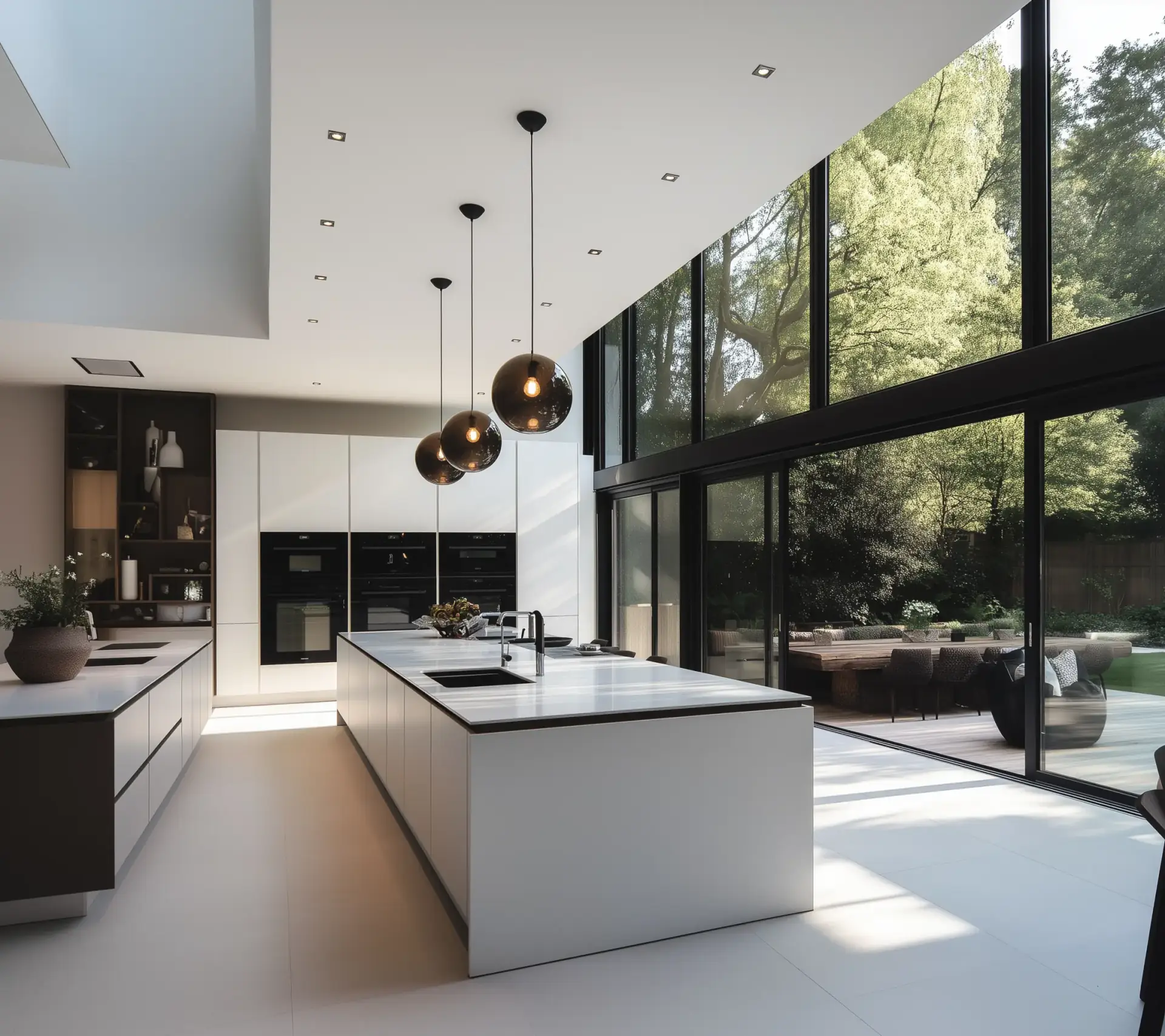 Open-plan kitchen with a white island, pendant lights and floor-to-ceiling glazing onto the garden.