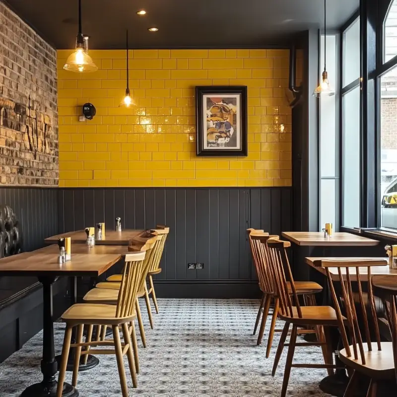 Café and bar fit-out with yellow tiled walls, dark panelling and timber furniture.