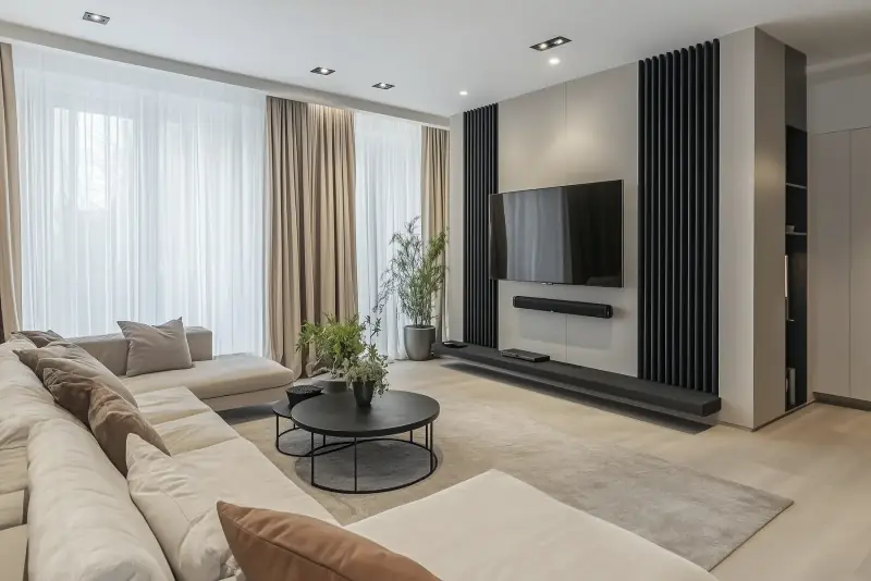 Refurbished living room with a media wall, oak flooring and full-height curtains.