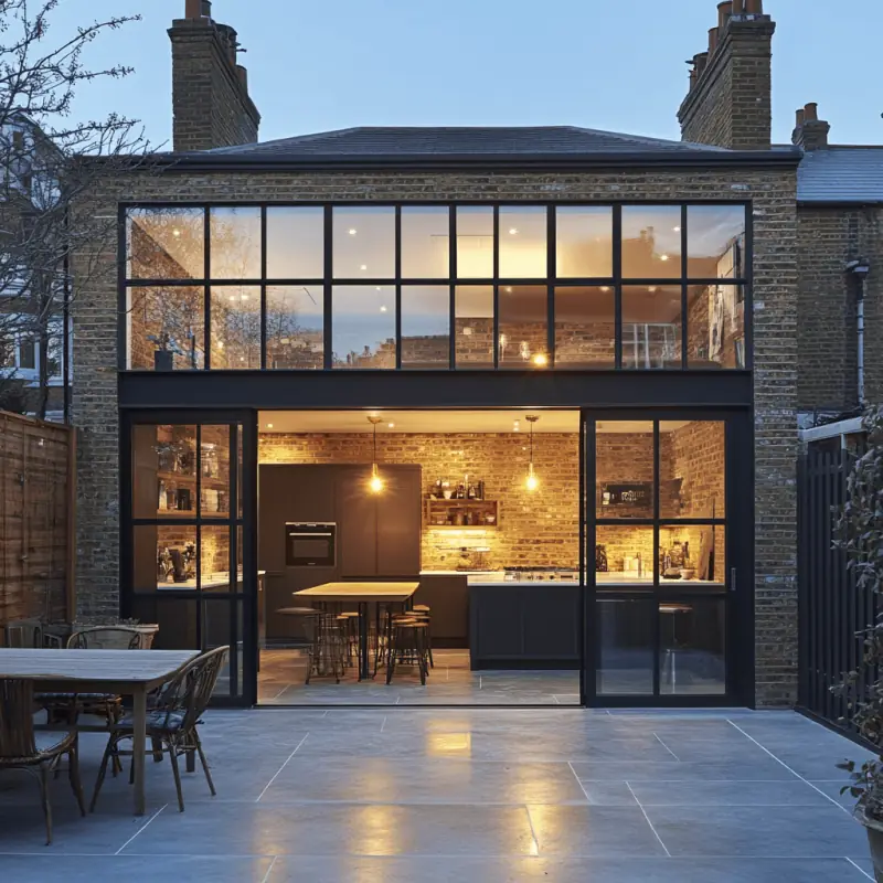 Two-storey glazed rear extension lit up at dusk, with a dining table on the patio.