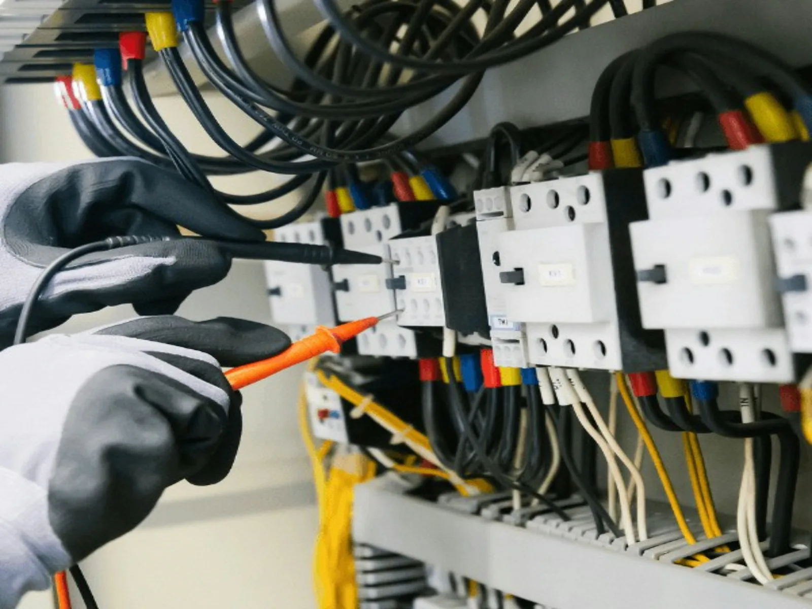 Gloved hands hold orange and black probes against the contactor terminals in a control panel.