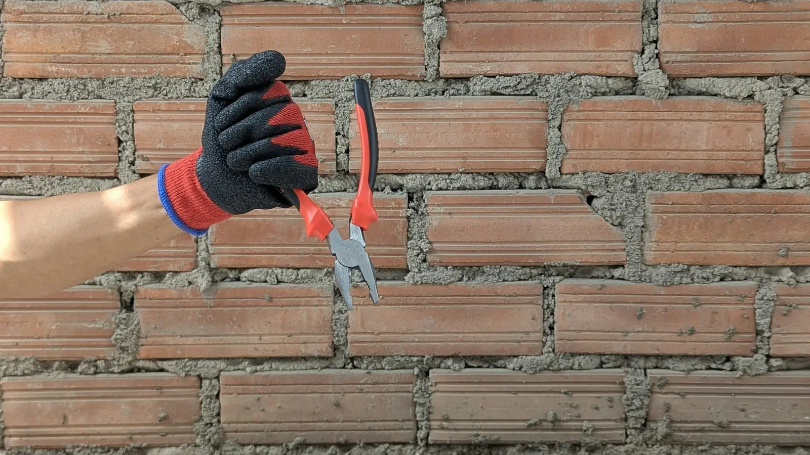 A red and black work glove grips a pair of pliers against brickwork with mortar squeezed proud.