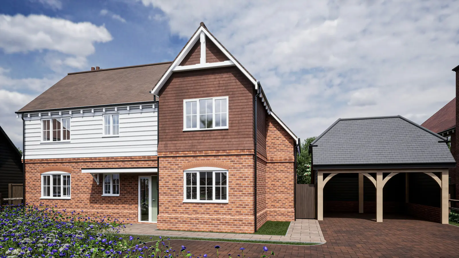 Computer render of a new detached house — brick below, weatherboarding and hung tile above, oak carport alongside.