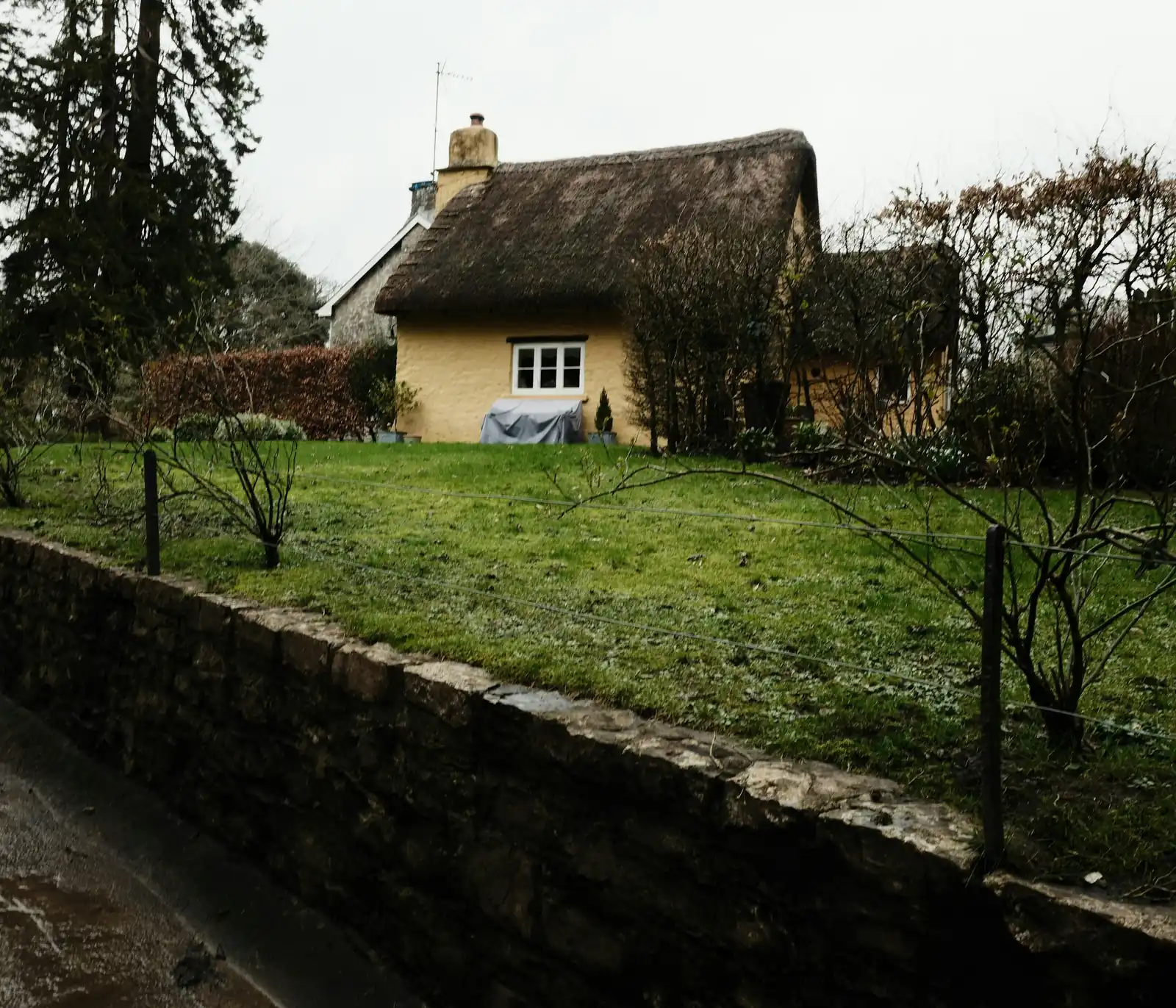 Thatch sits deep over the yellow-rendered walls, and a wire fence runs across the grass bank below.