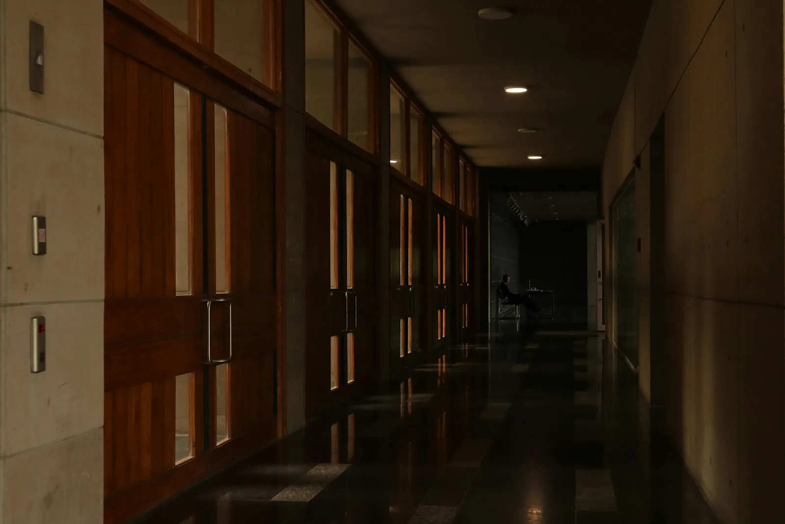 Timber double doors with glazed panels run the length of a dim corridor over polished chequered floor tiles.