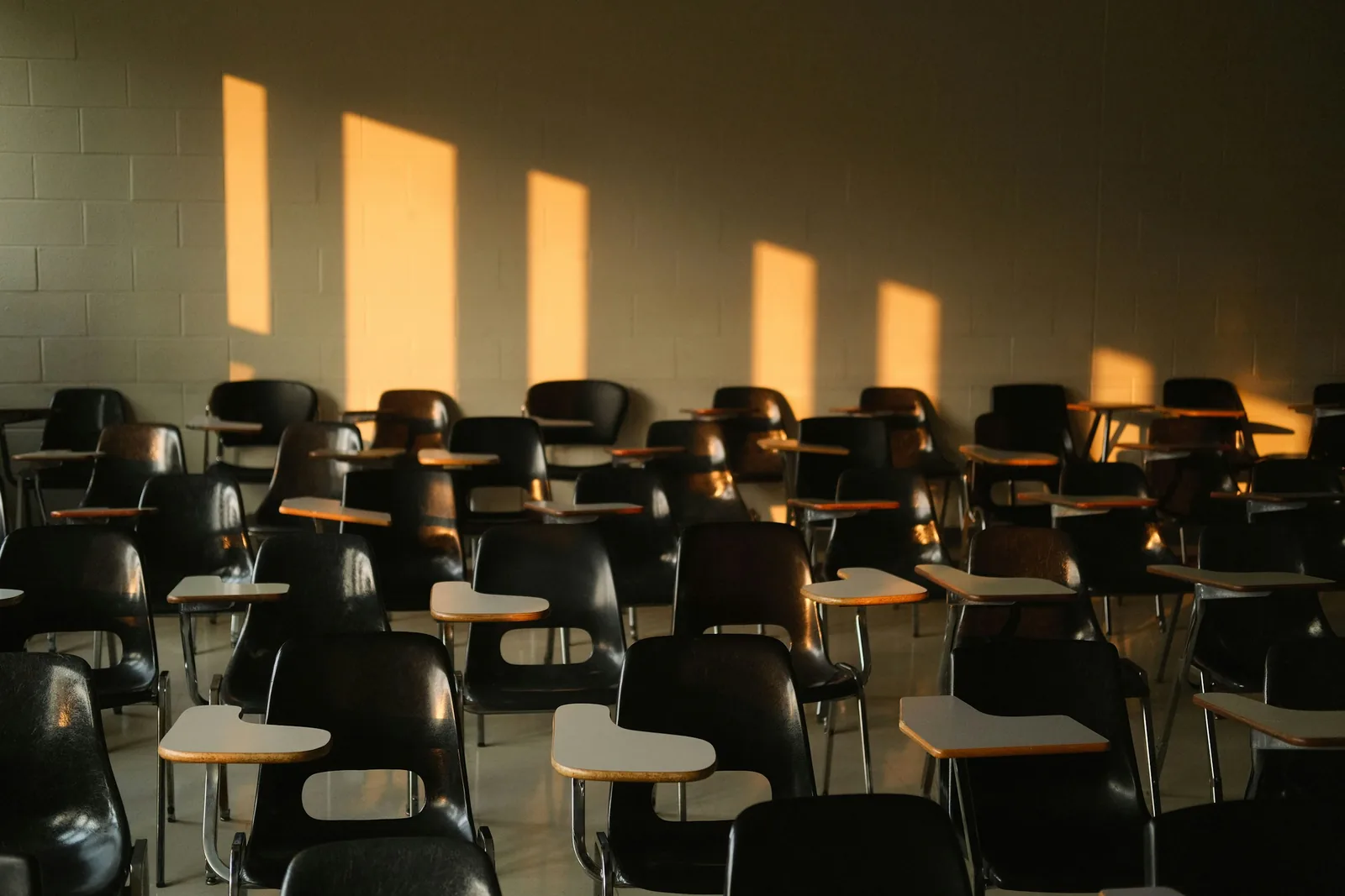 Window light falls in rectangles on painted blockwork behind rows of black tablet-arm chairs.