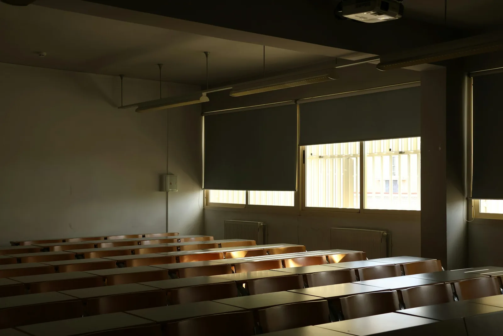Roller blinds cover the upper half of each window above fixed rows of desks and chairs.