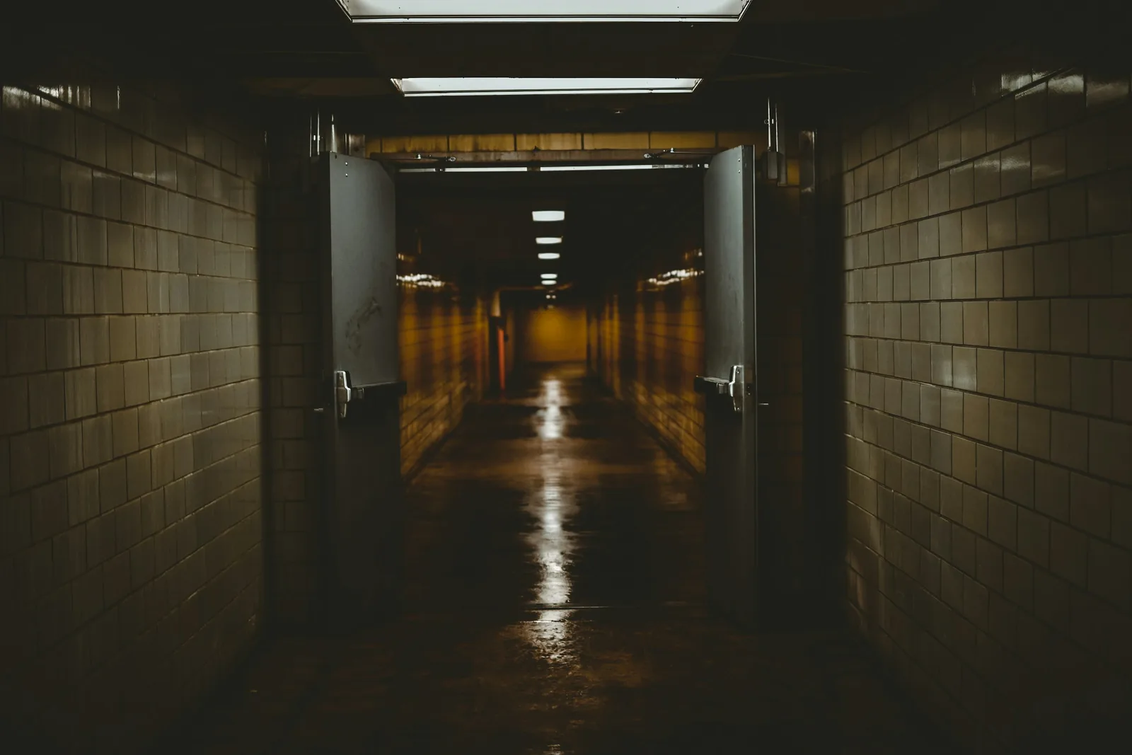 Two metal doors stand open flat against glazed brick walls, and light runs down the wet corridor floor.