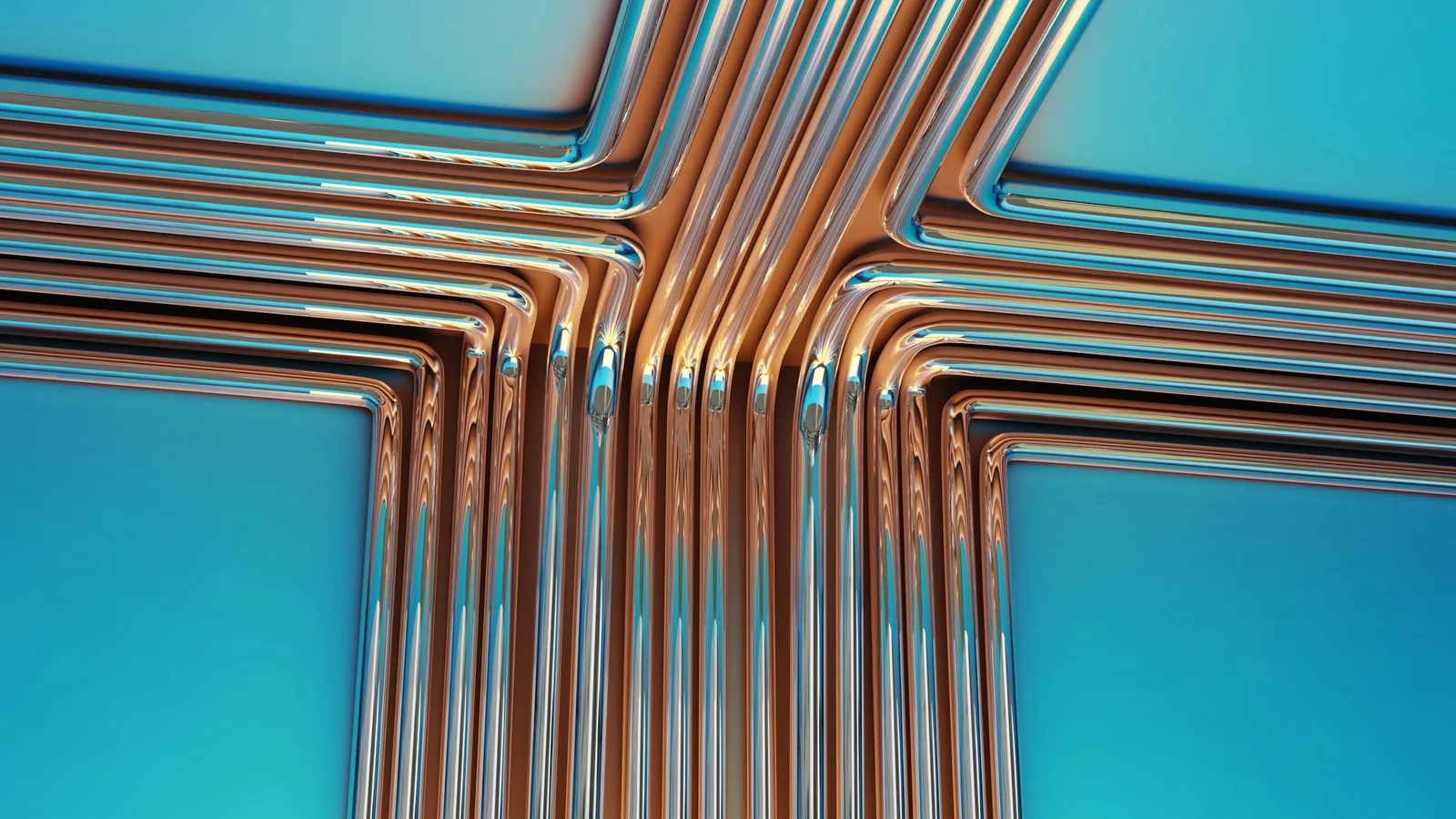 Copper pipework crossing on a plain wall.