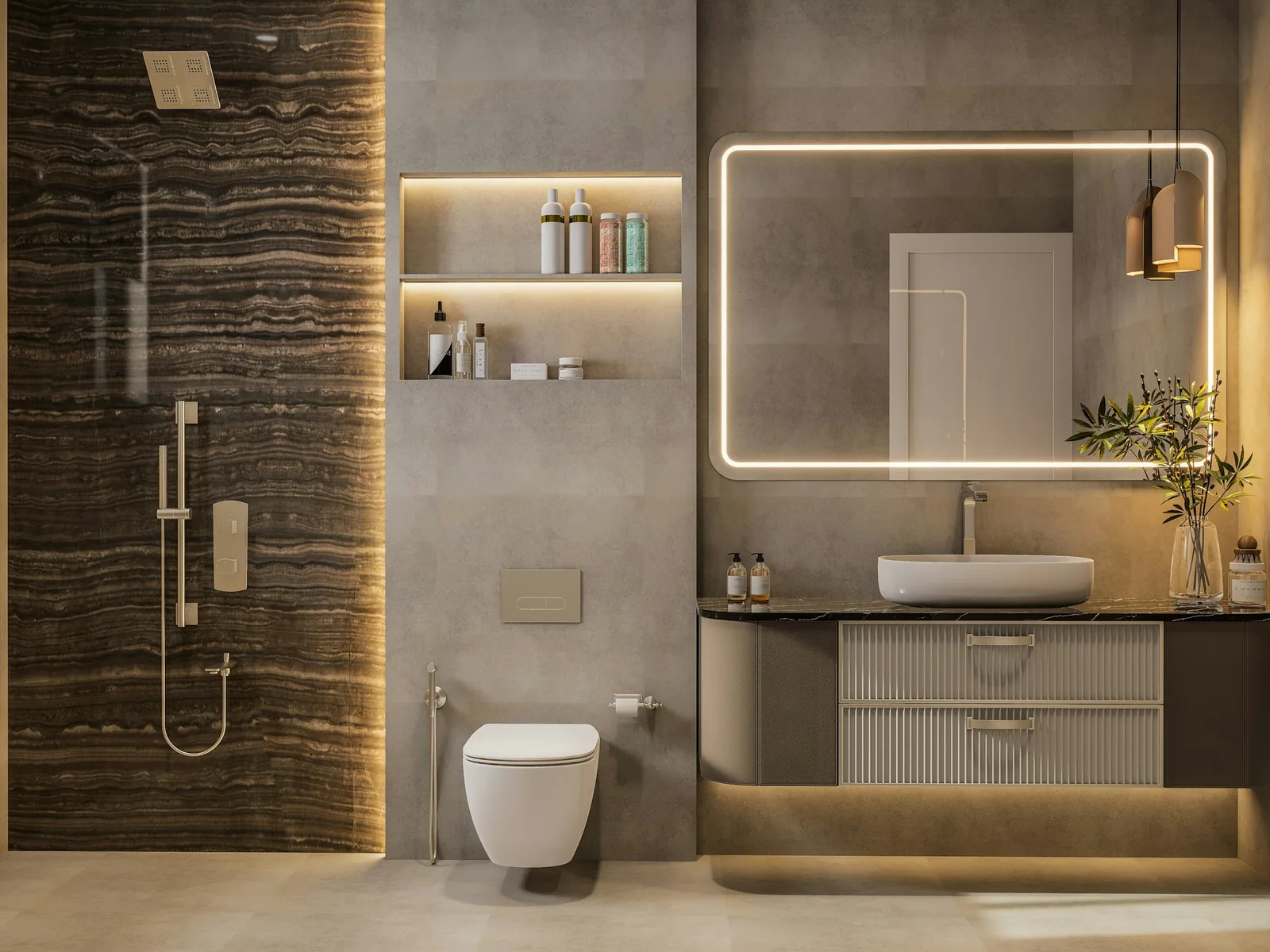 A bathroom with a walk-in shower, stone wall and recessed lighting.