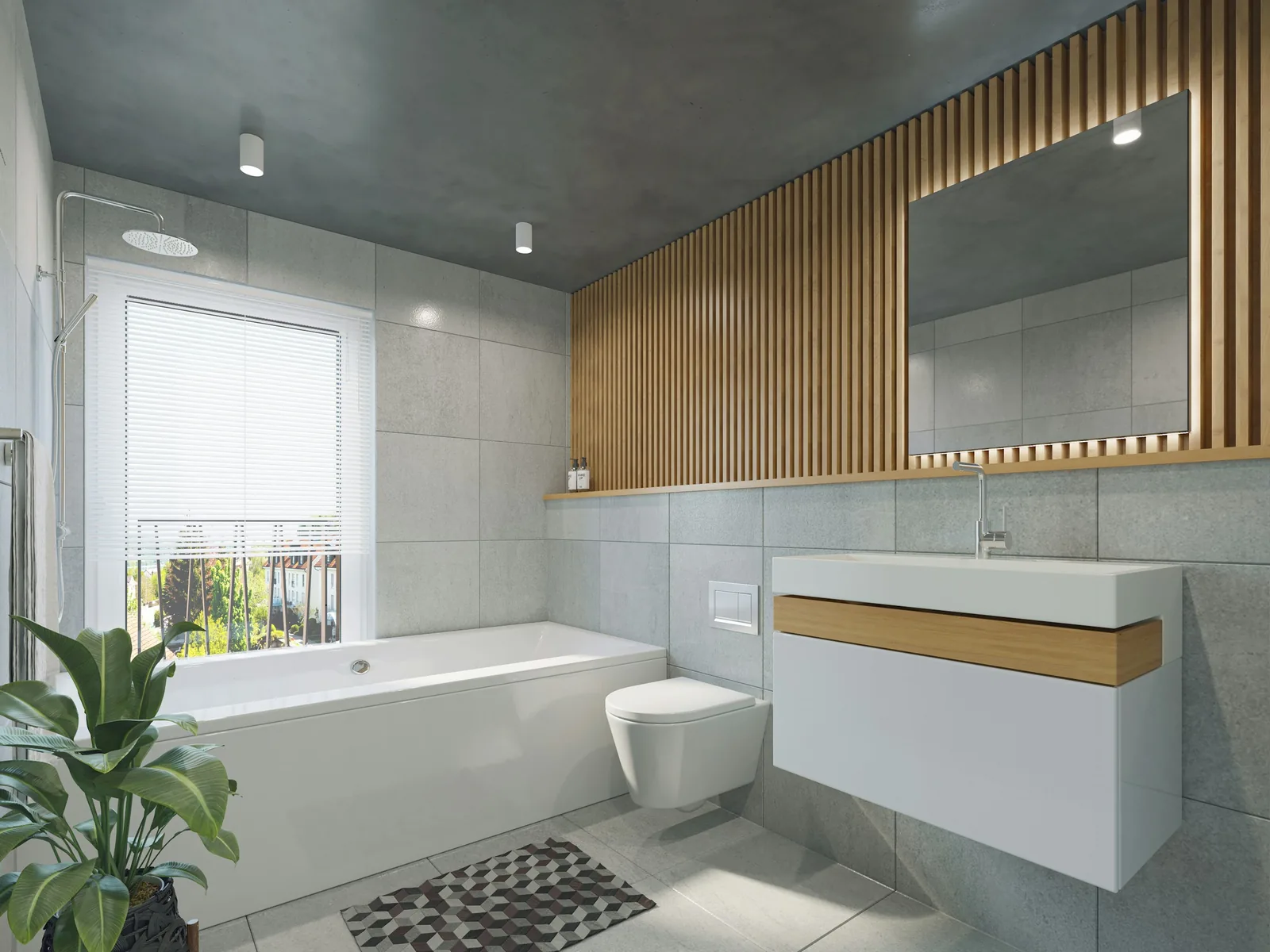 A bathroom with a toilet, basin and bath in a timber-lined room.