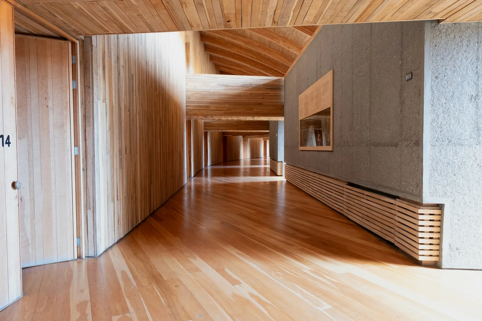 A timber-lined hallway.