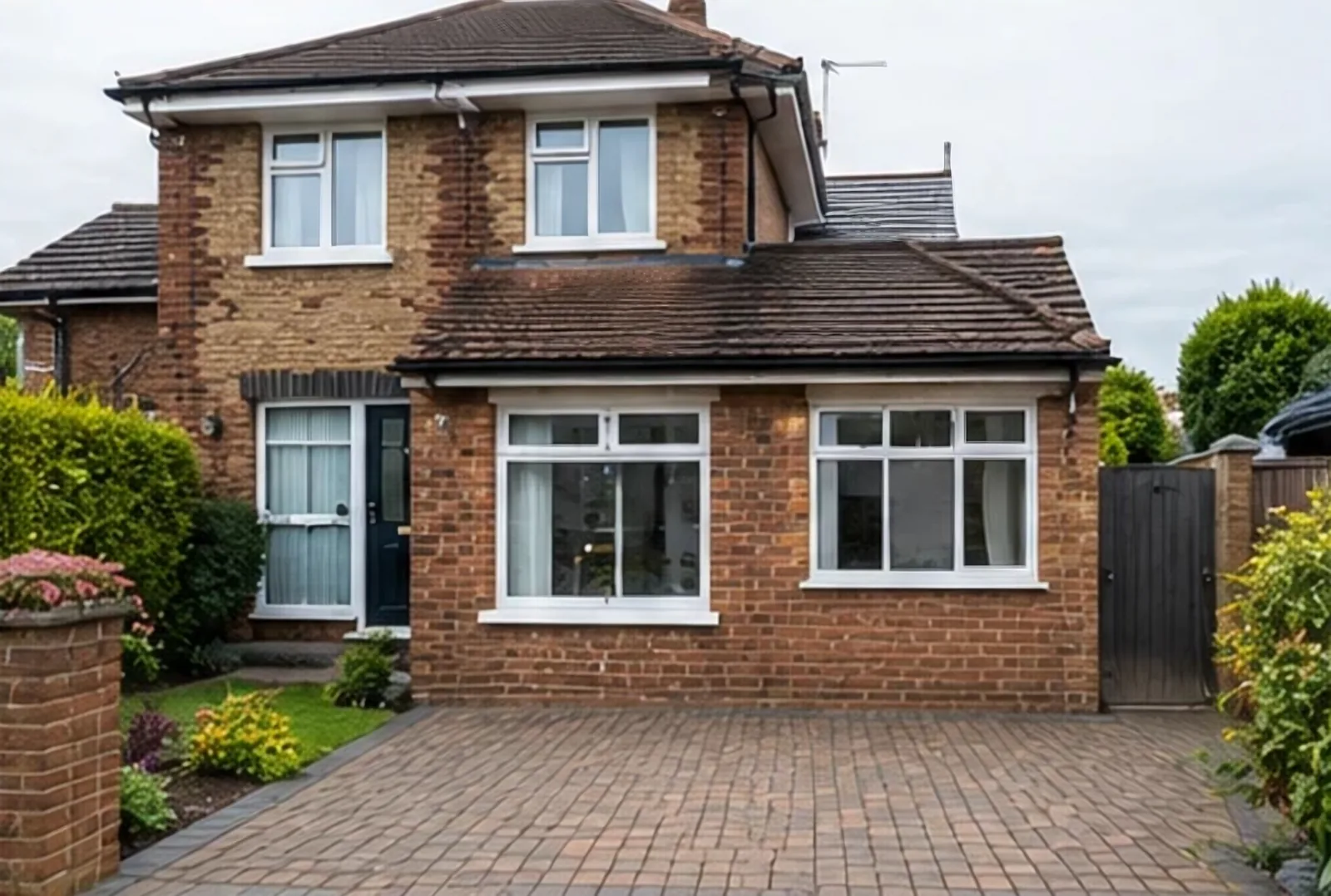 A brick semi where the garage has become a room, with a white window in place of the garage door.