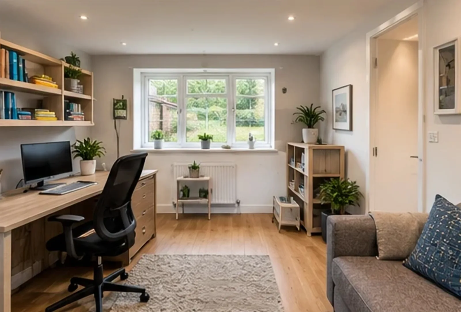 A converted garage used as a home office, with a desk, shelving, an oak floor and a window onto the garden.
