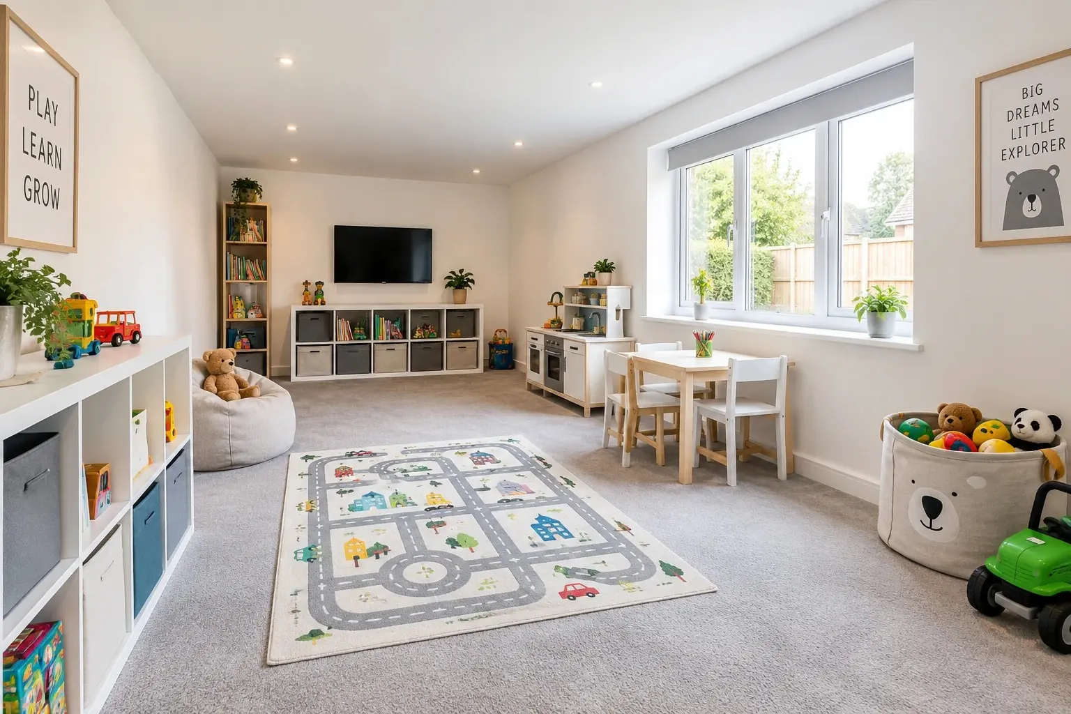 A converted garage used as a playroom, with a grey carpet, a play rug, low storage and a wide window onto the garden.