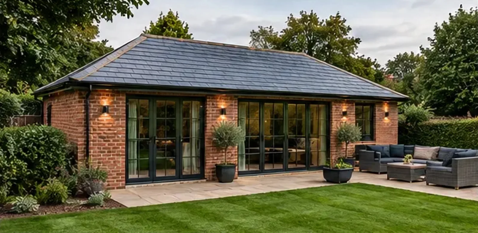 A single-storey brick garden room with a hipped slate roof and wide glazed doors, outdoor sofas on the terrace in front.