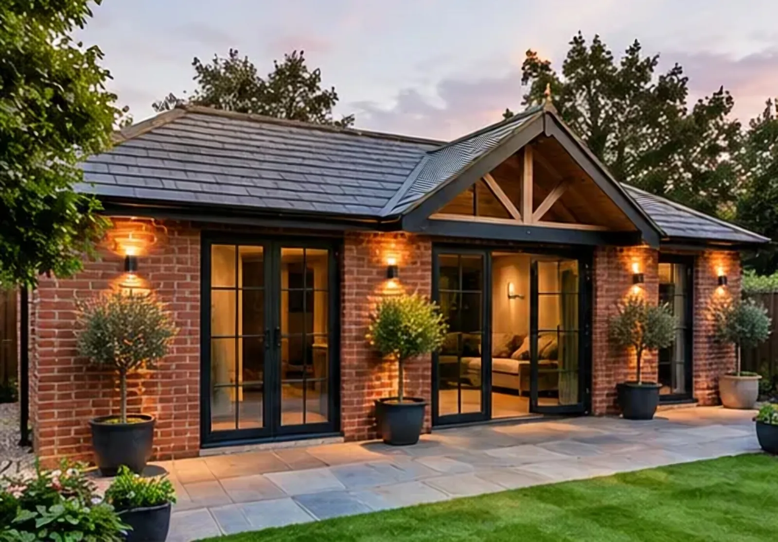 A brick garden room with a slate roof and timber gable, wall lights lit either side of black-framed glazed doors and olive trees in pots on the terrace.