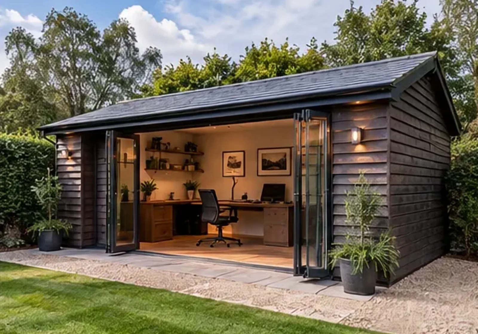 A dark timber-clad garden office with its folding glass doors open onto a desk and shelves, set on gravel beside the lawn.