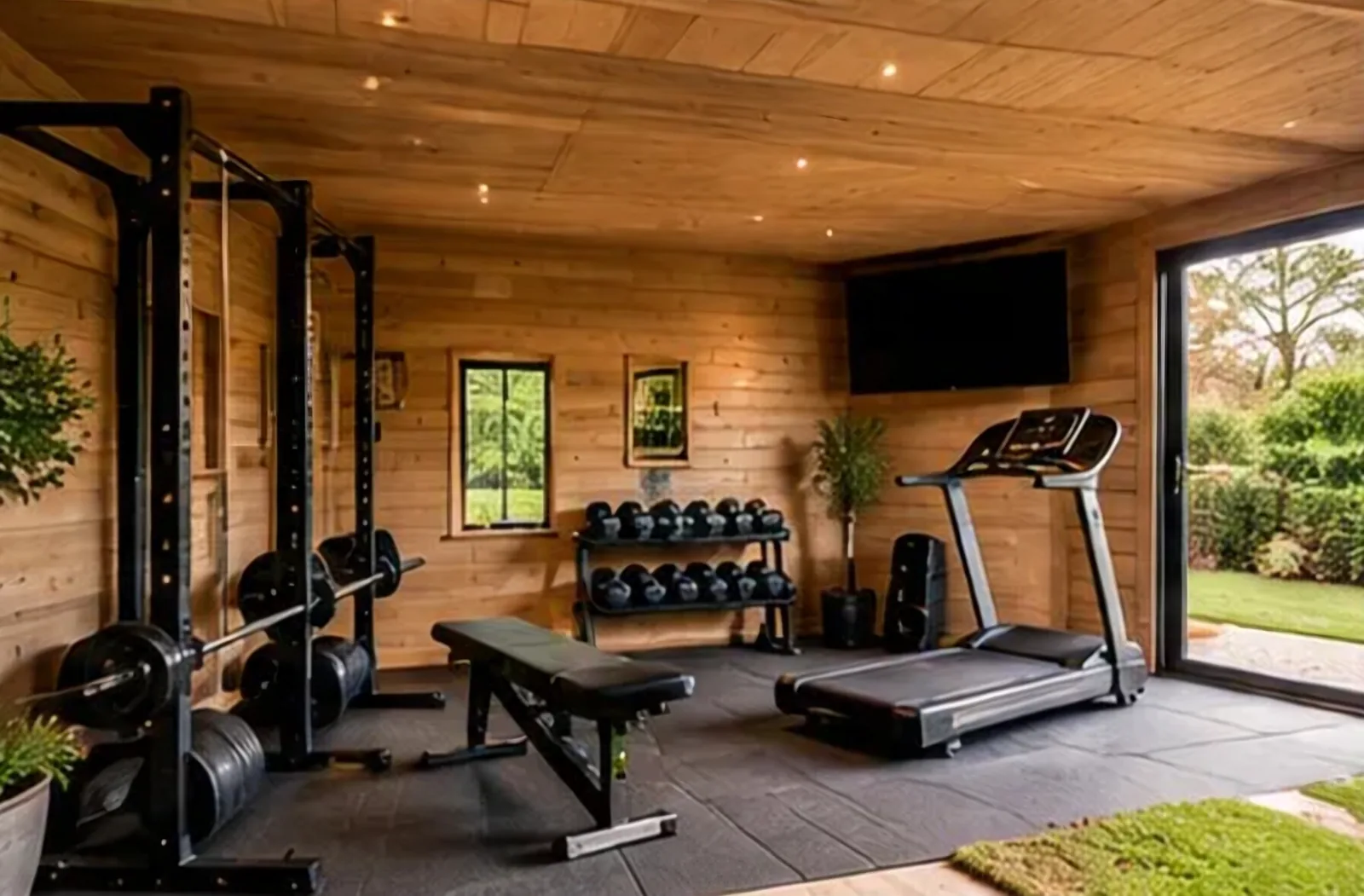 A timber-lined garden gym with a squat rack, dumbbells, a bench and a treadmill, its doors open to the garden.