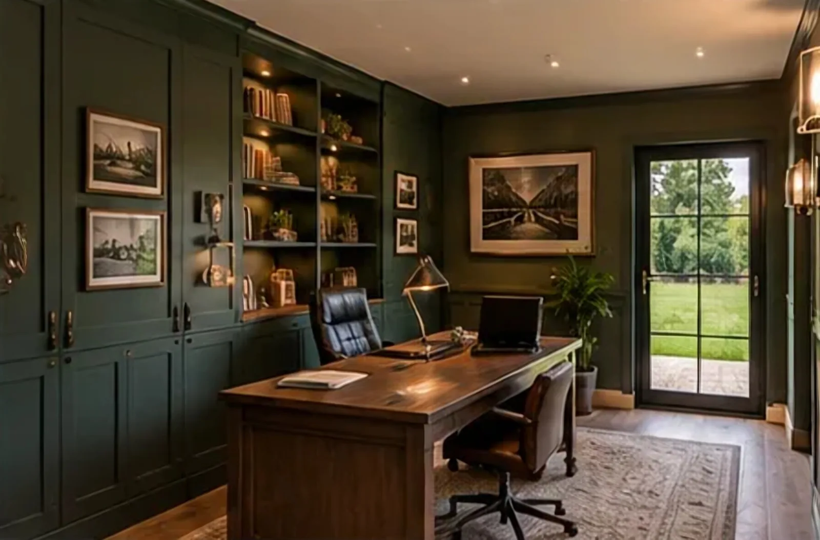 A garden office with dark green panelled walls, built-in shelving, a timber desk and a glazed door out to the lawn.