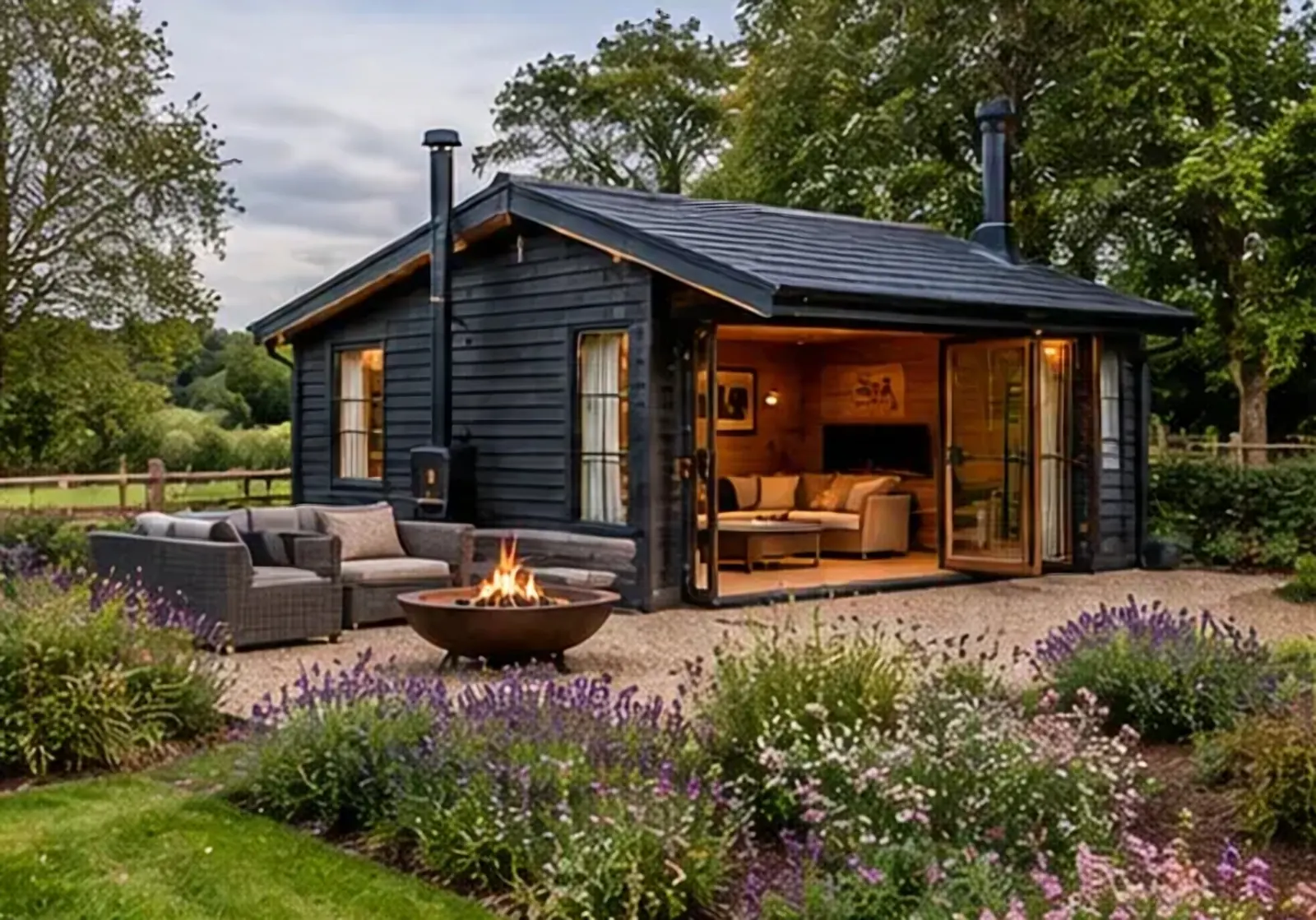 A black timber garden room with a stove flue, its doors open onto a gravel terrace with a fire bowl and lavender beds.