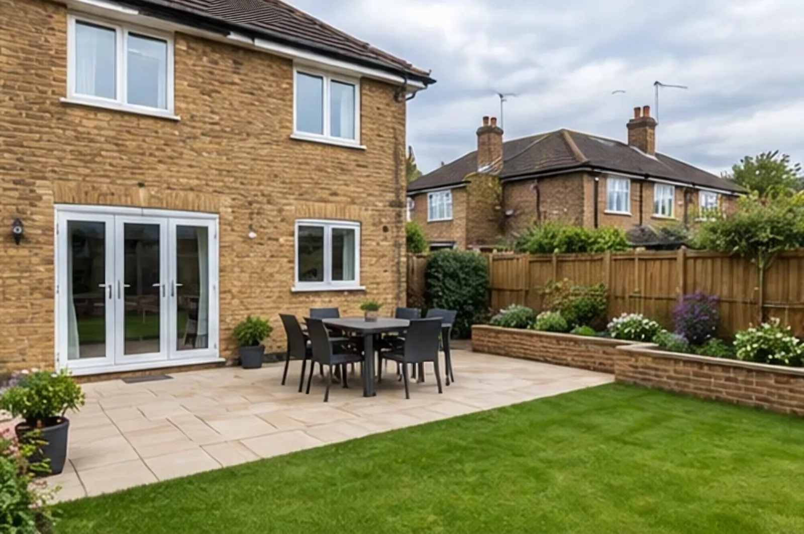 A new stone patio with a dining set behind a yellow-brick house, a low brick planter wall and a fresh lawn.