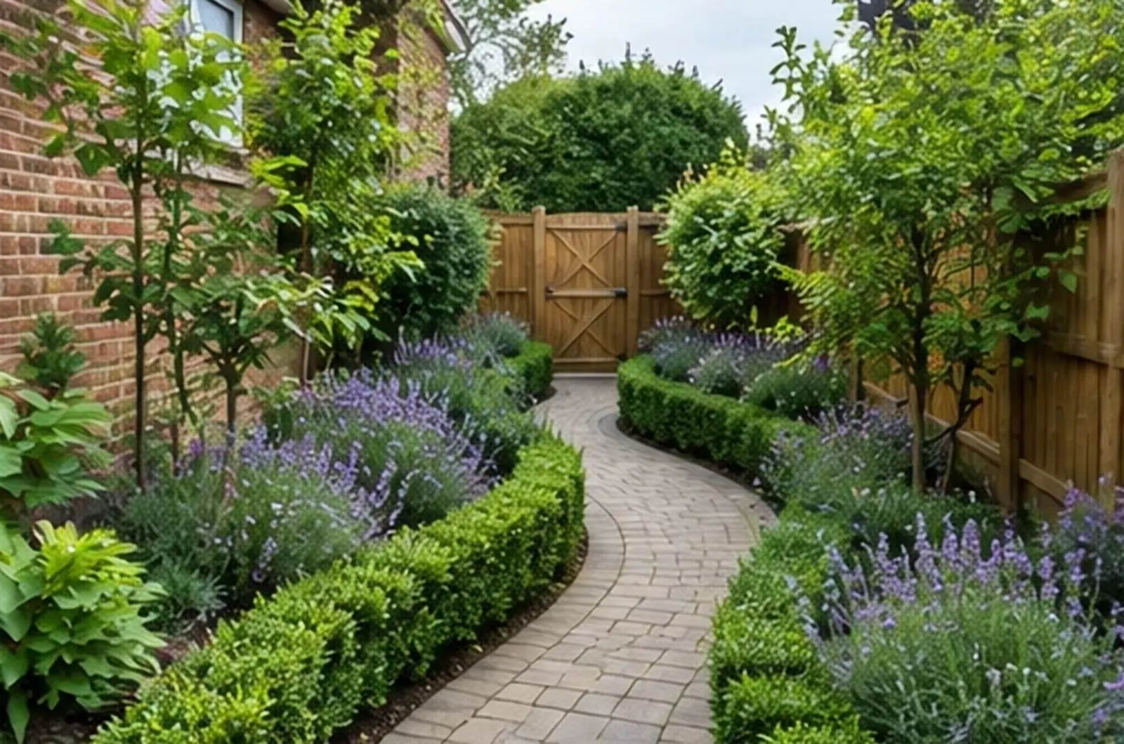 A curving block-paved path between lavender and clipped box hedging, leading to a timber garden gate.