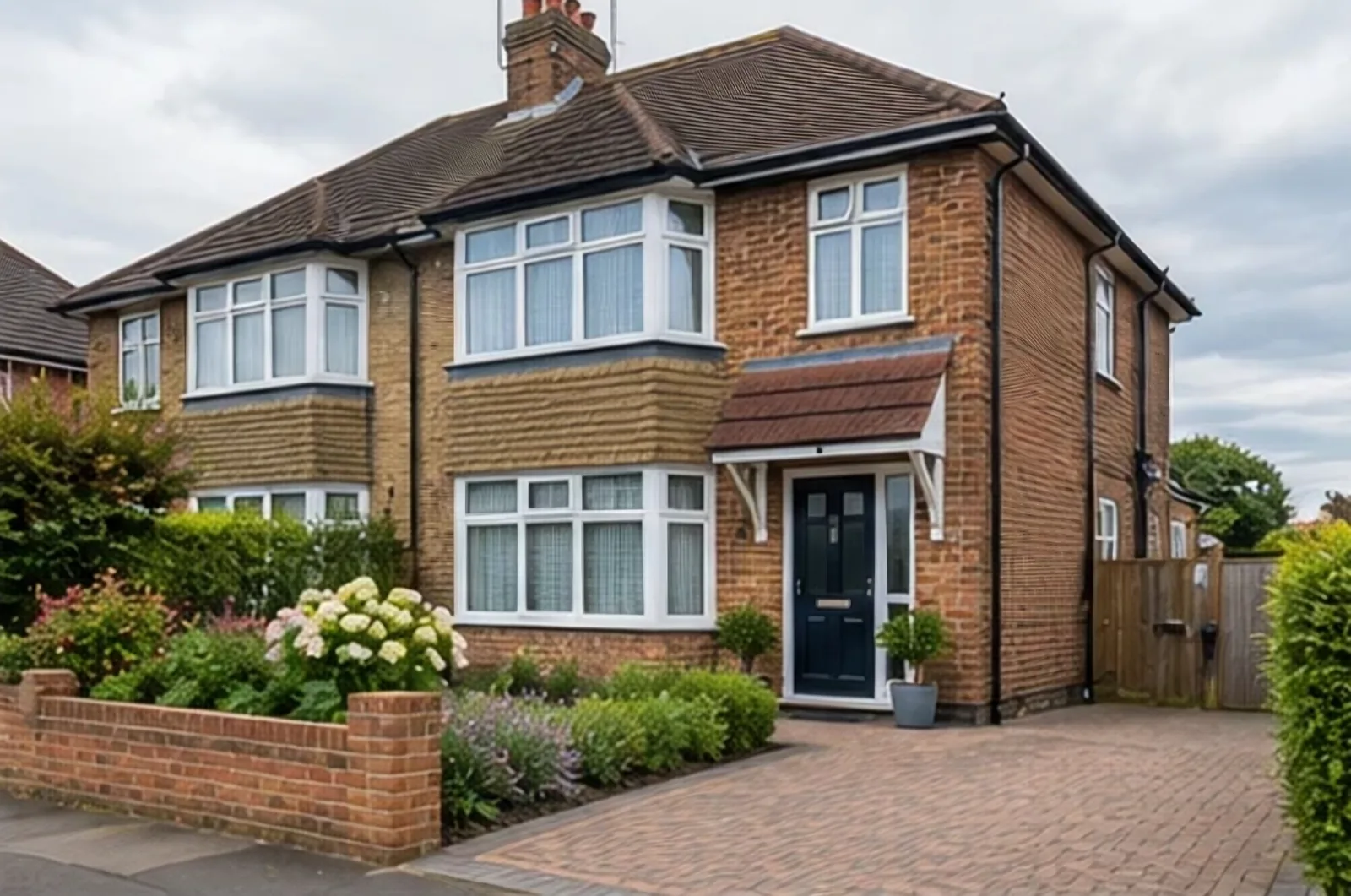 A 1930s brick semi with a block-paved driveway and a low brick wall around a planted front bed.