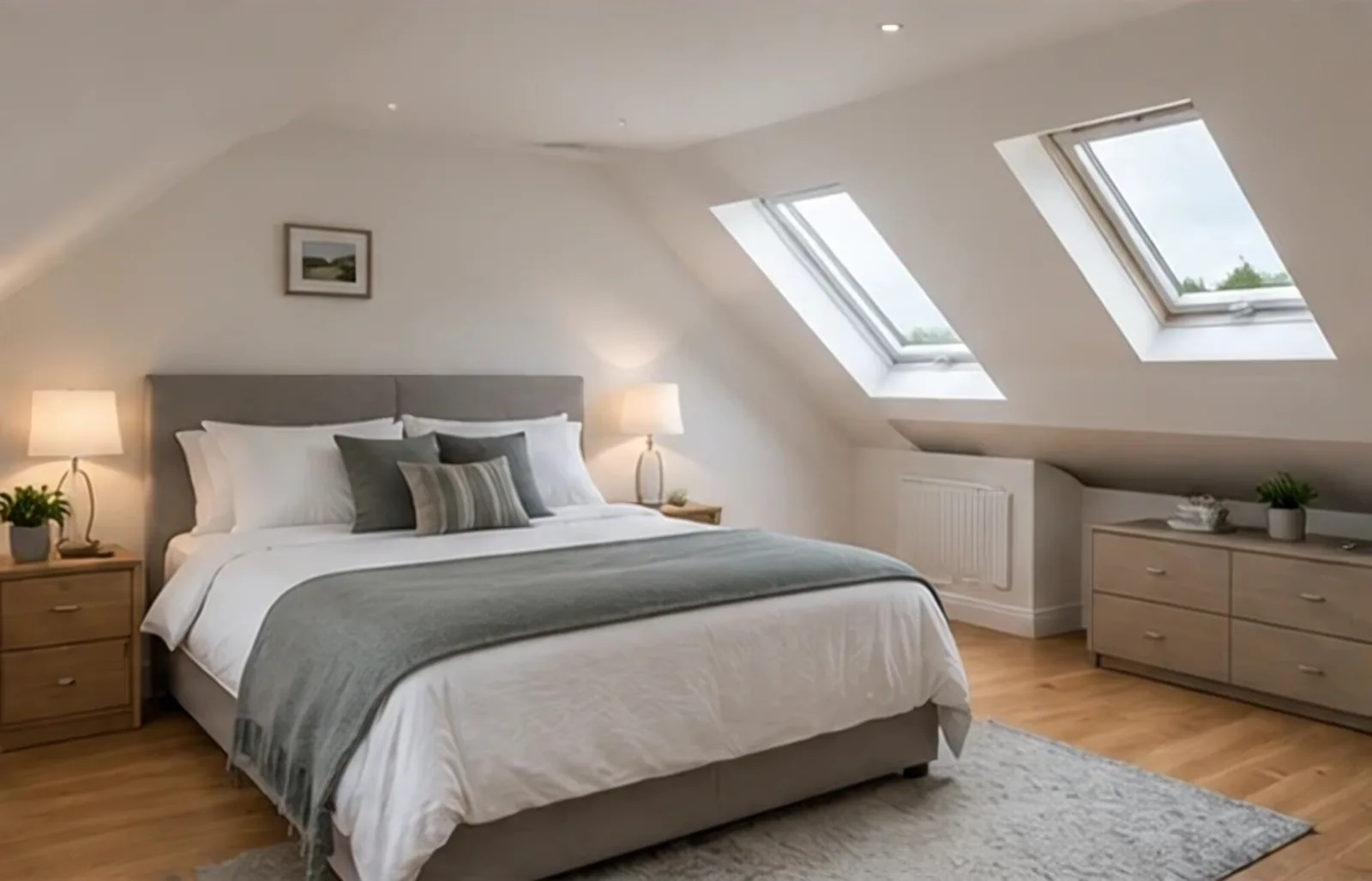A loft bedroom under a sloping ceiling with two roof windows, a double bed and an oak floor.