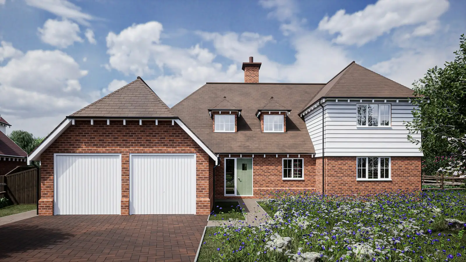 A large brick house with two garage doors.