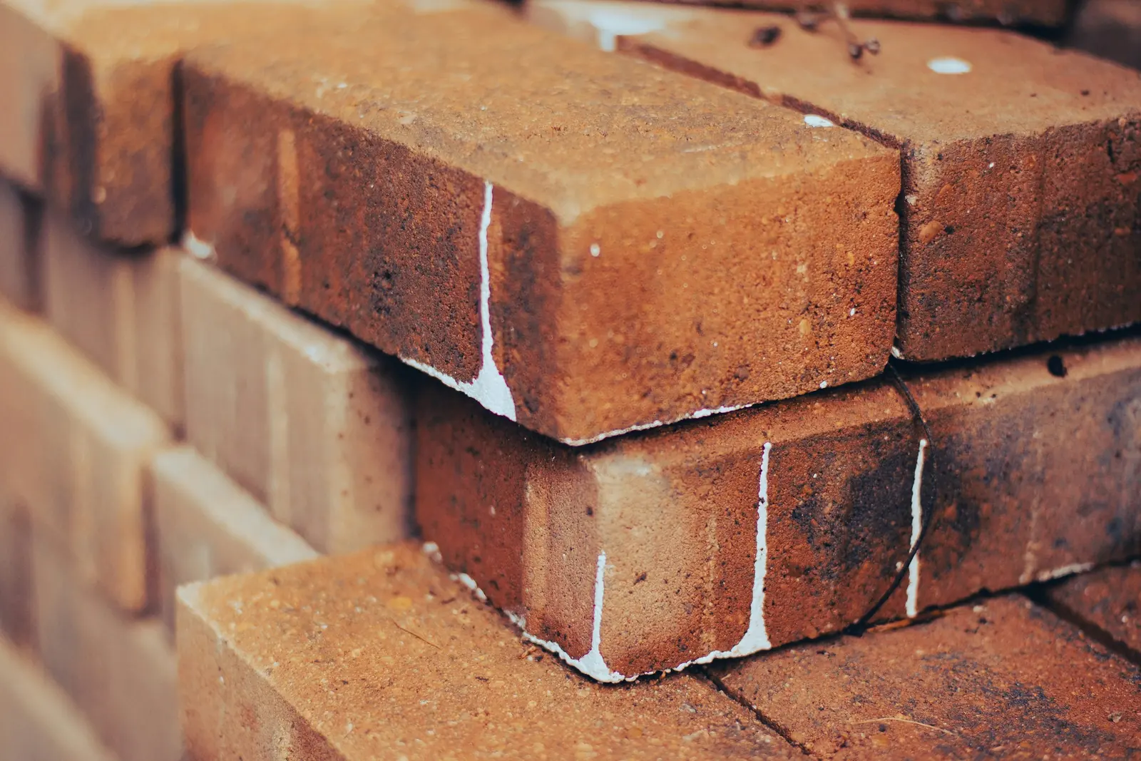 A stack of facing bricks on site.