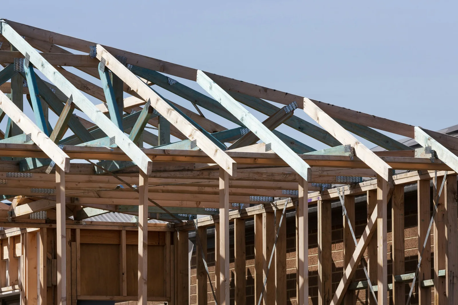 Timber roof trusses in place on a house under construction.